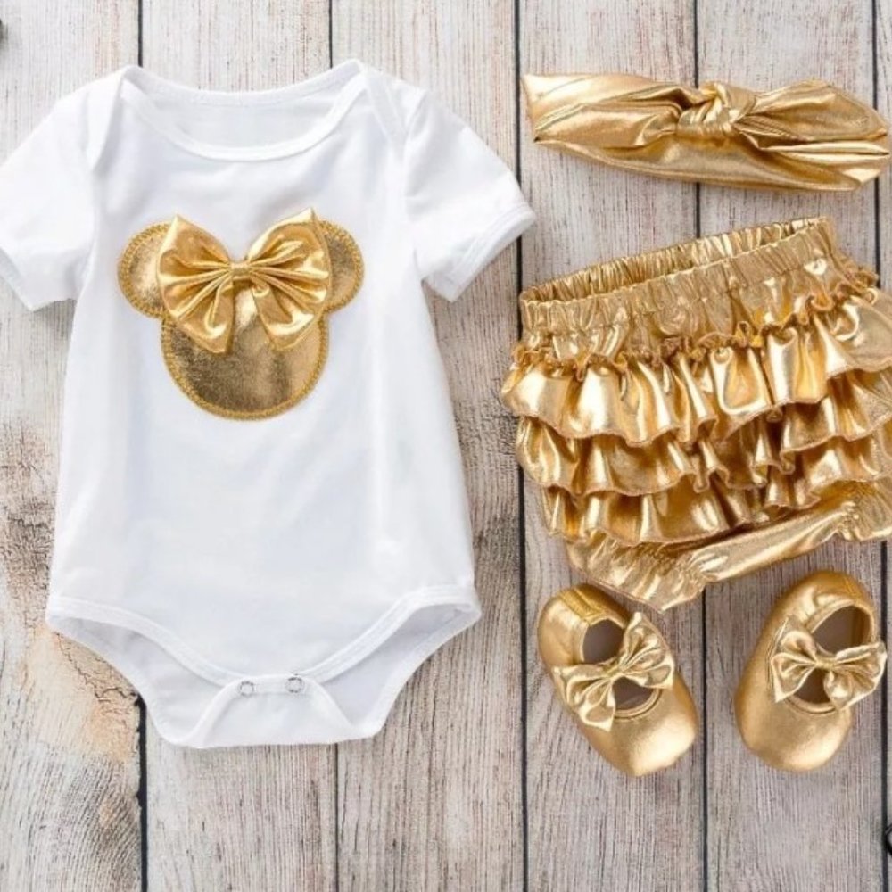 Gold Minnie Mouse Girl Romper Shoes Disney Outfit Dress New Year clothes
